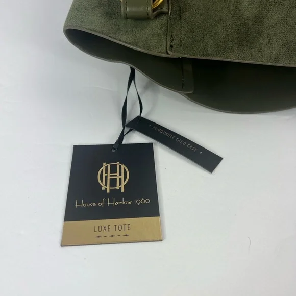HOUSE OF HARLOW 1960 LUX TOTE, FAUX SUEDE OLIVE GREEN COLOR WITH A BACK POCKET
